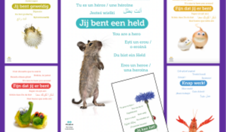 Zes vrolijke posters met acht talen naast het Nederlands